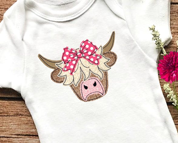 Highland Cow Girl Bean Stitch Applique | Machine Embroidery Designs by JuJu