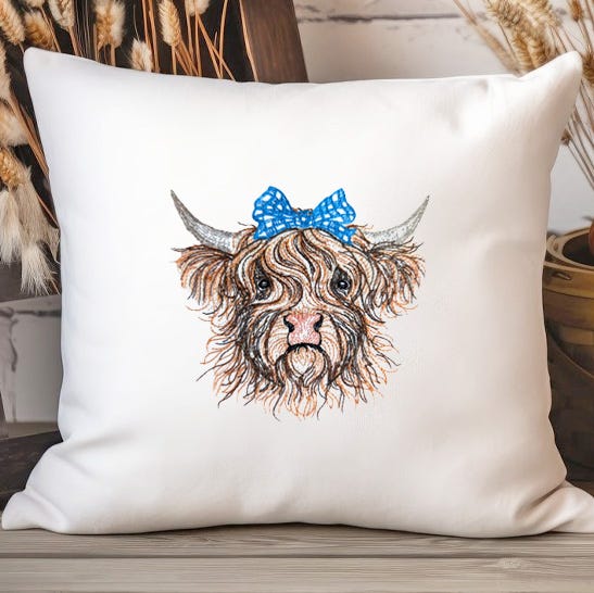 Highland Cow Girl Sketch | Machine Embroidery Designs by JuJu