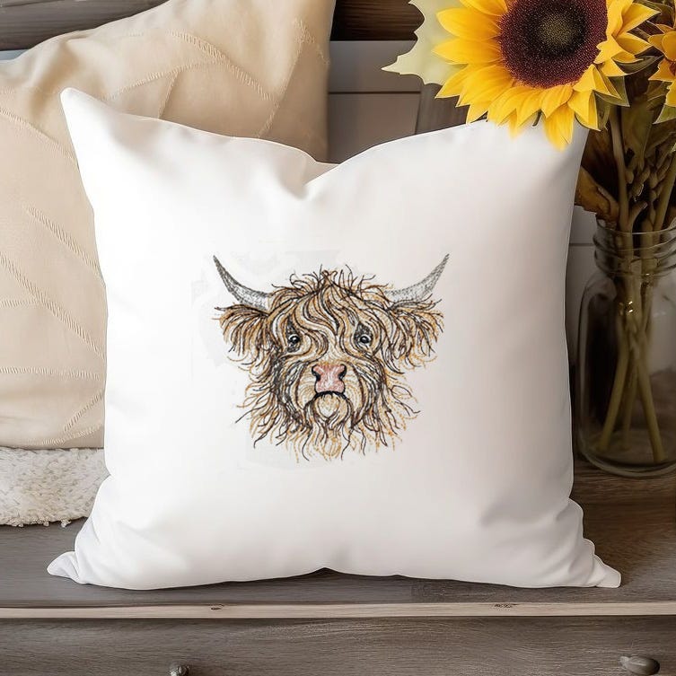 Highland Cow Boy Sketch | Machine Embroidery Designs by JuJu