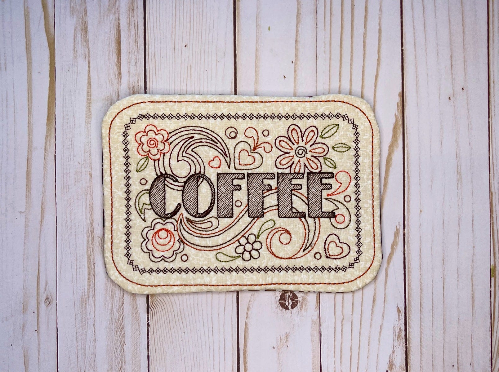 ITH Coffee Doodle Mug Rug | Machine Embroidery Designs by JuJu