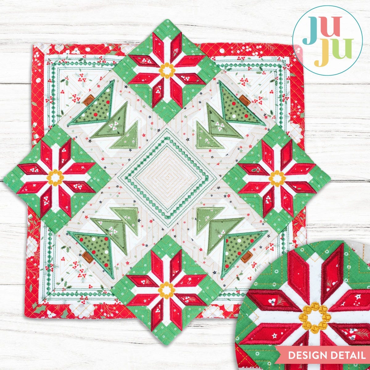 In The Hoop Poinsettia Pine Patchwork Table Topper Project | Designs by JuJu