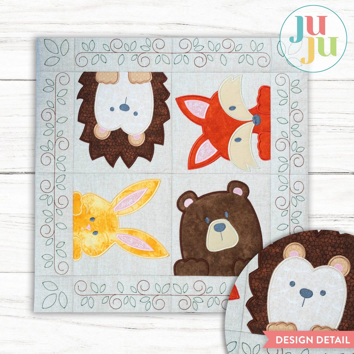 In The Hoop Woodland Patchy Pillow Satin Stitch Project | Designs by JuJu