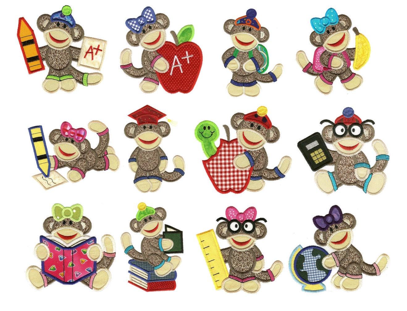 Jumbo School Sock Monkeys Applique Machine Embroidery Designs by JuJu 