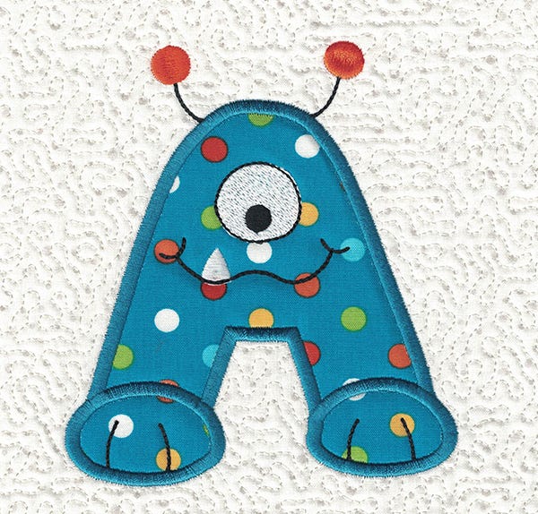 Monster Party Applique Alphabet Machine Embroidery Designs by JuJu