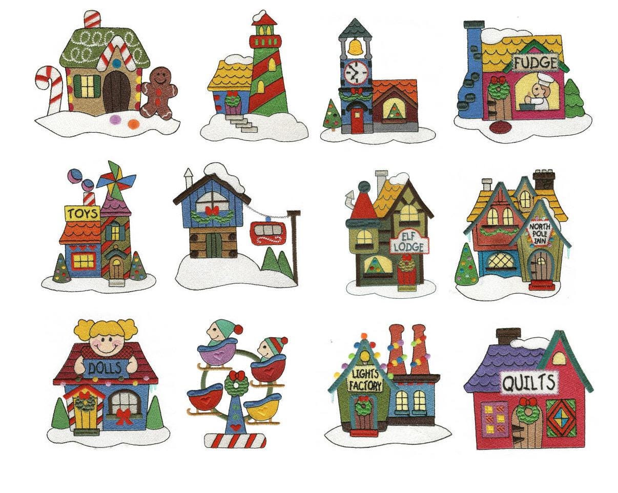 North Pole Village Filled Set 4 Machine Embroidery Designs by JuJu