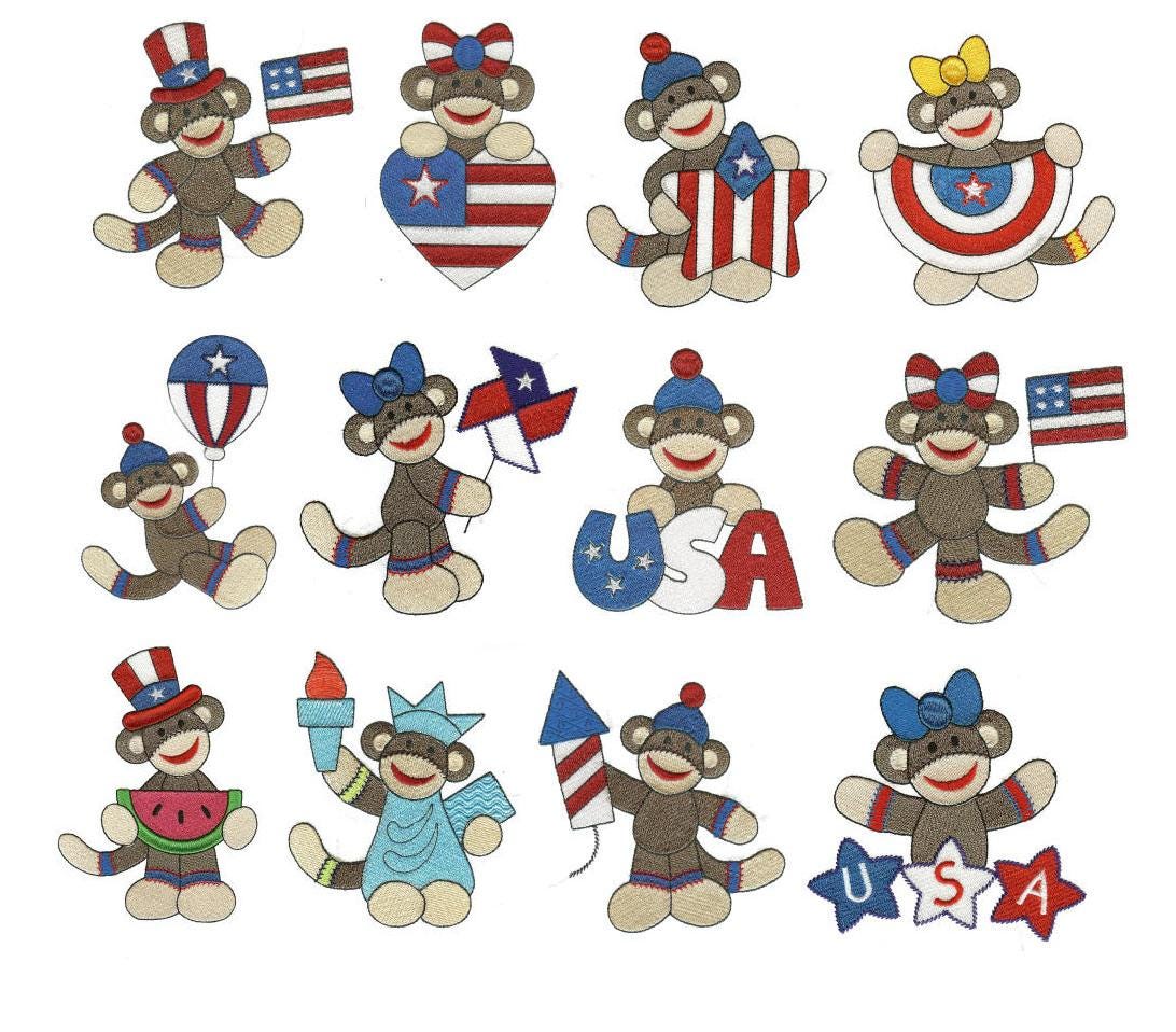 Patriotic Sock Monkeys Filled Machine Embroidery Designs by JuJu