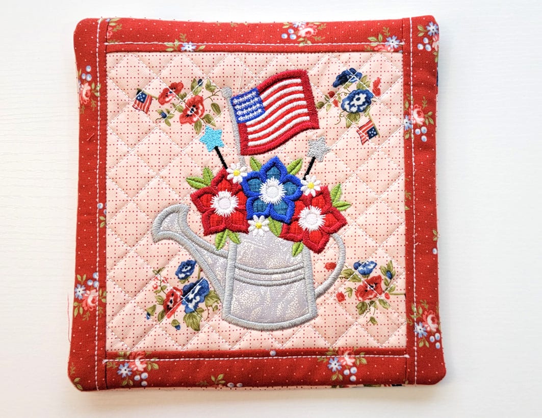 ITH Patriotic Watering Can Pot Holder | Machine Embroidery Designs by JuJu