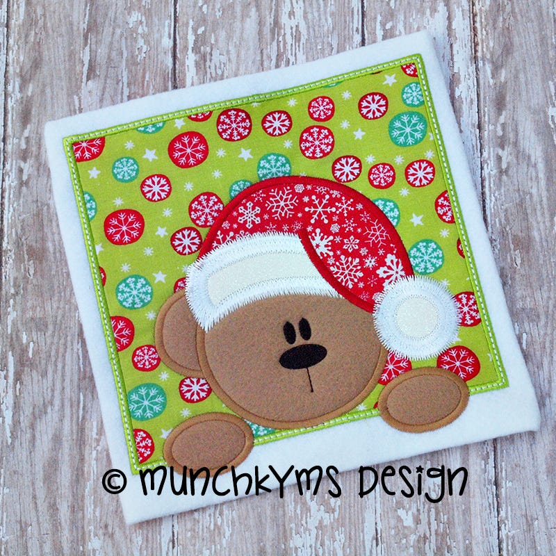 Munchkyms Peeking Santa Bear Applique | Machine Embroidery Designs by JuJu