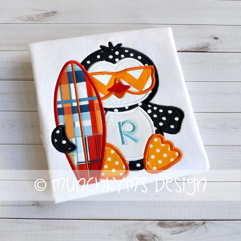 Penguin Boy Surfboard Applique | Machine Embroidery Designs by JuJu