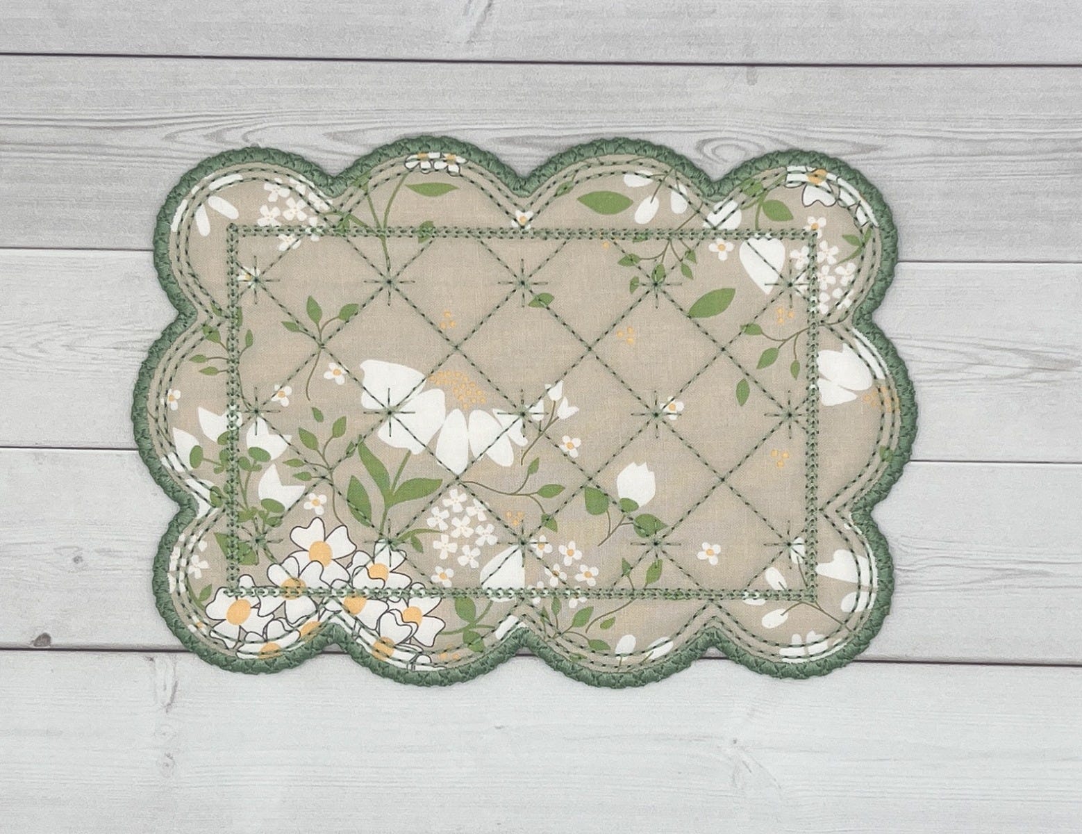 ITH Satin Quilted Scallop Mug Rugs | Machine Embroidery Designs by JuJu