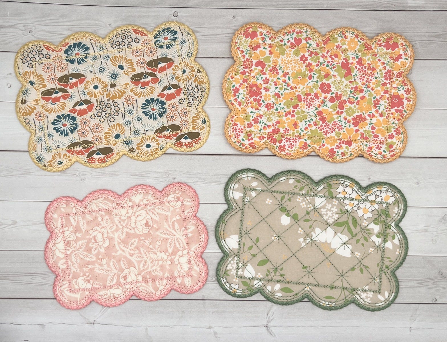 ITH Satin Quilted Scallop Mug Rugs | Machine Embroidery Designs by JuJu