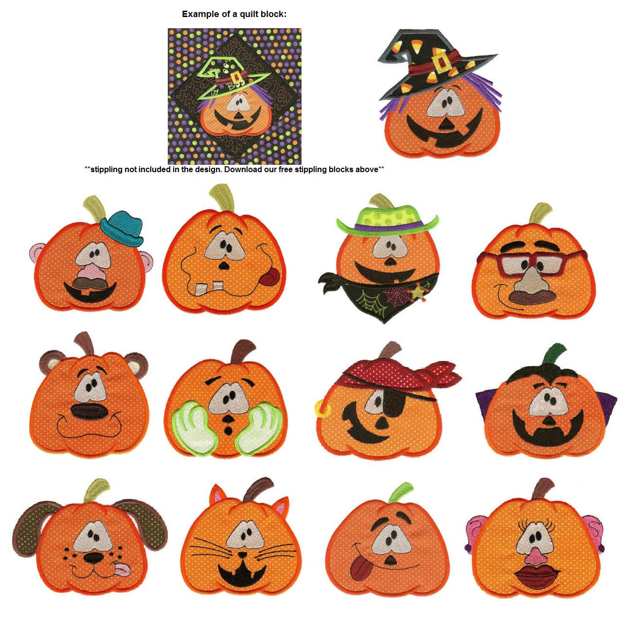 Pumpkin Heads and Faces Applique Machine Embroidery Designs by JuJu