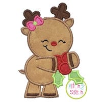 Reindeer Hugging Holly Girl Applique | Machine Embroidery Designs by JuJu