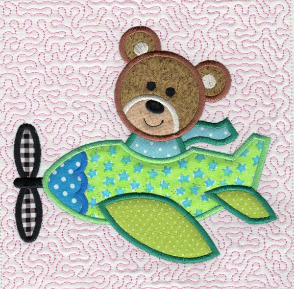 Airplane Critters Applique and Stipple Quilt Blocks Machine Embroidery Designs by JuJu