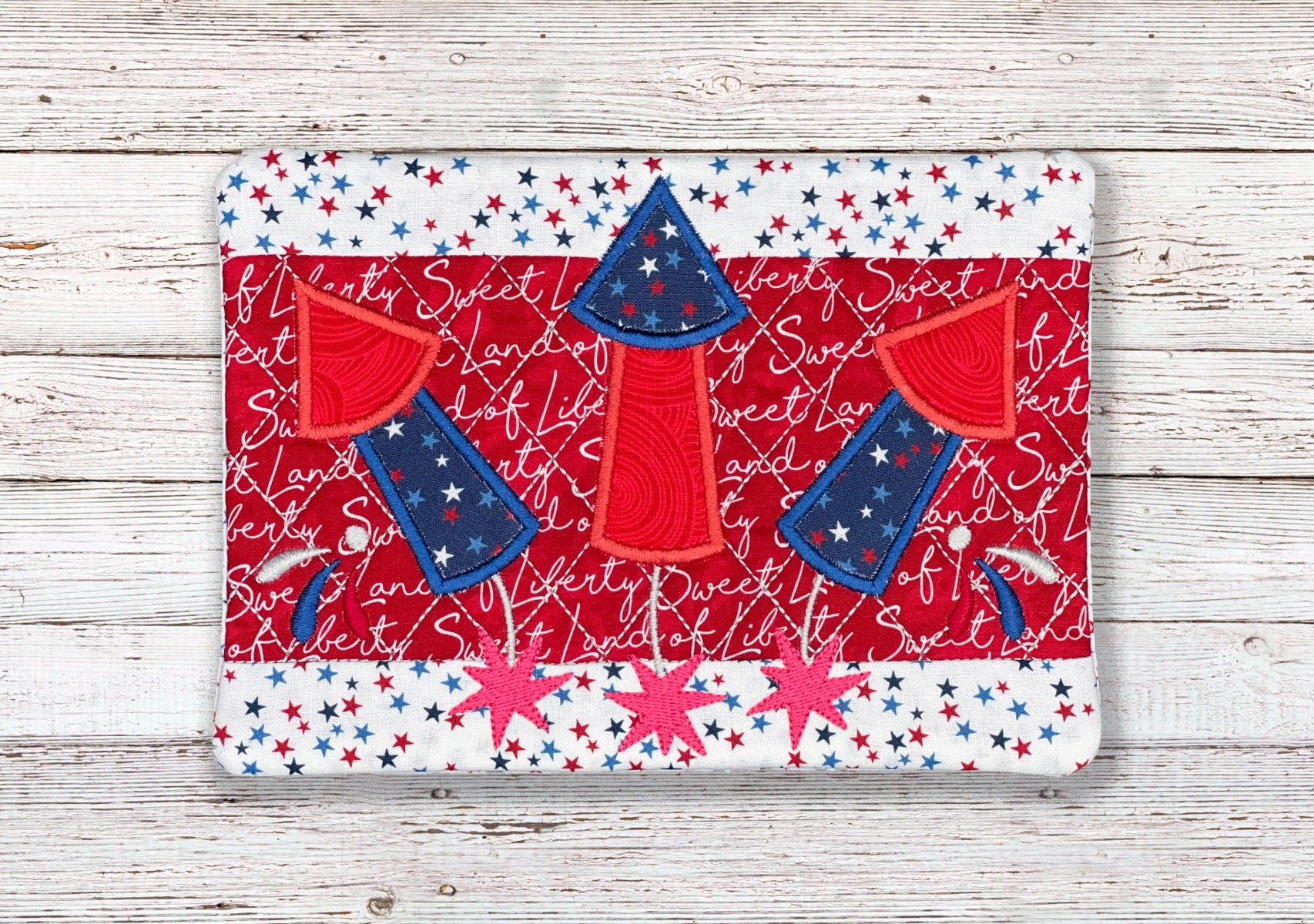 ITH Patriotic Rockets Mug Rug | Machine Embroidery Designs by JuJu