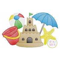 Sandcastle Beach Scene Sketch Embroidery | Machine Embroidery Designs by JuJu