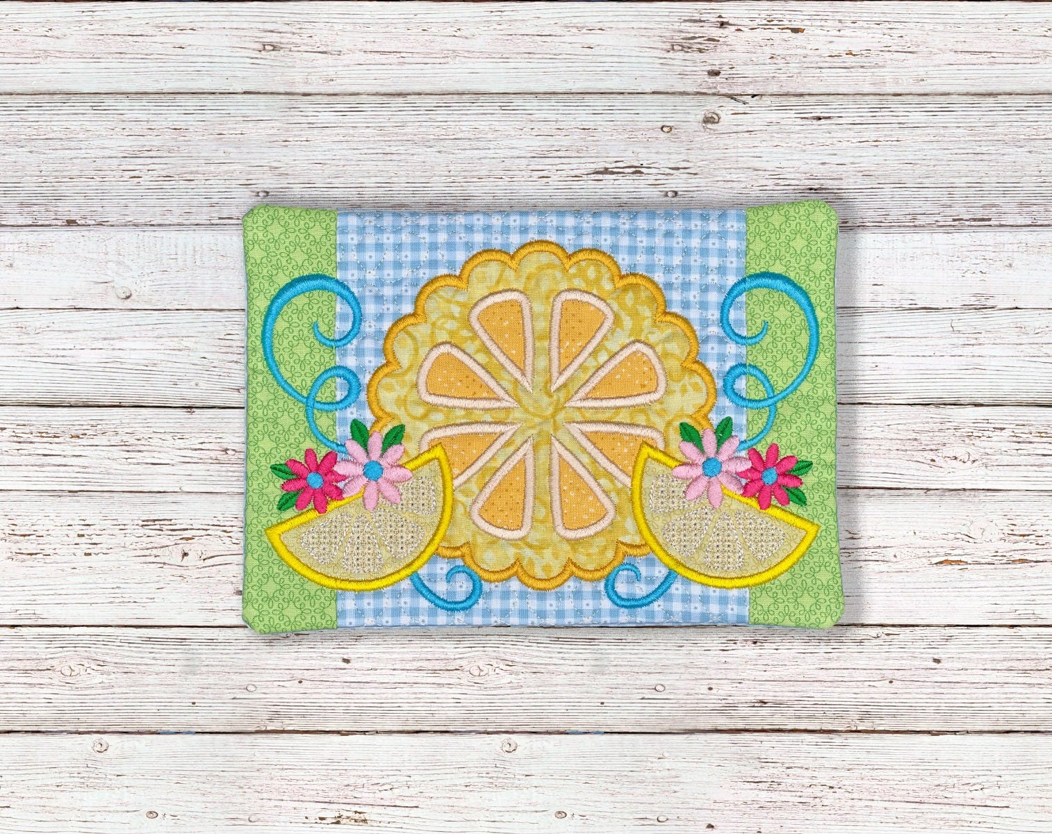 ITH Fresh Lemons Scallop Mug Rug | Machine Embroidery Designs by JuJu