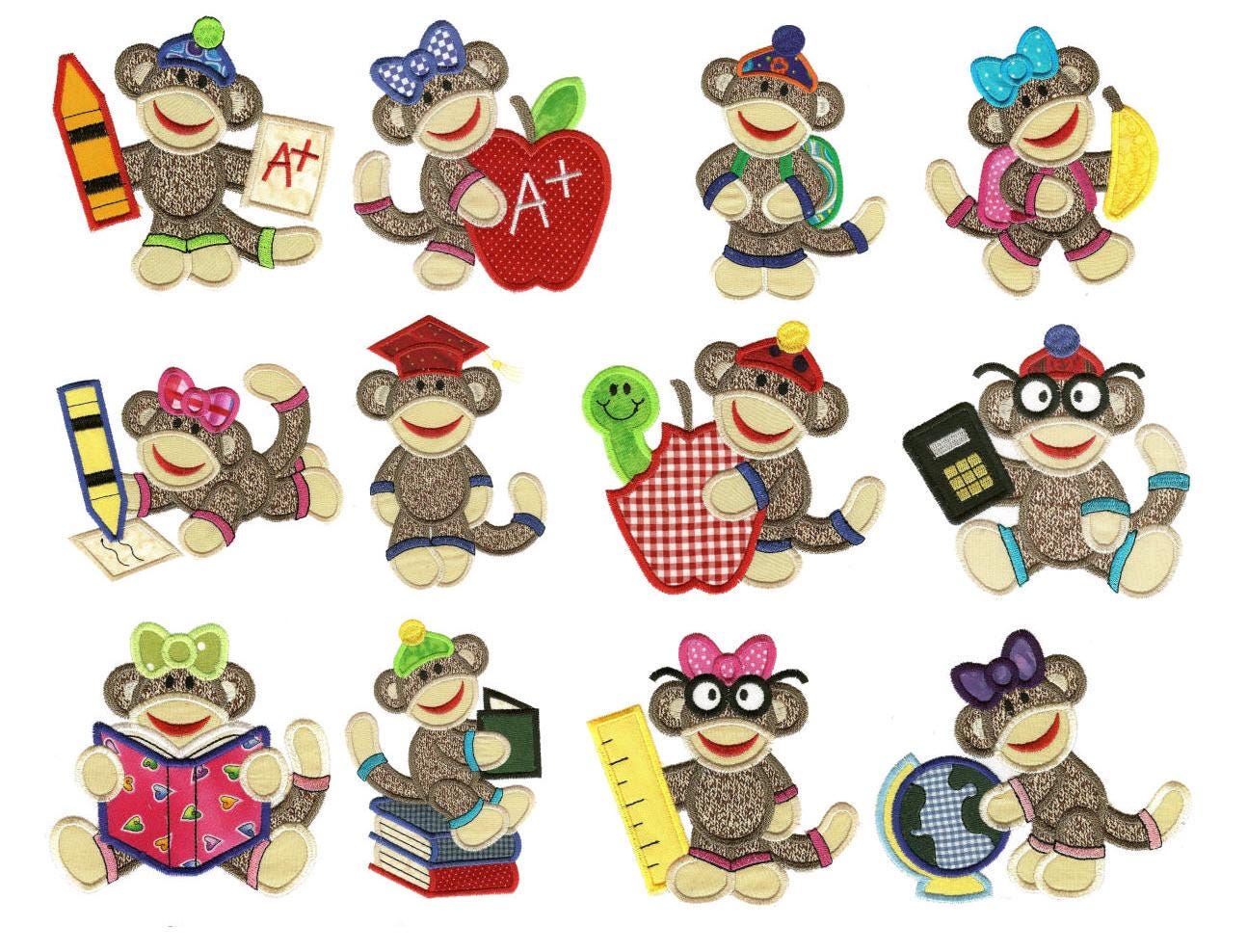 School Sock Monkeys Applique Machine Embroidery Designs by JuJu 