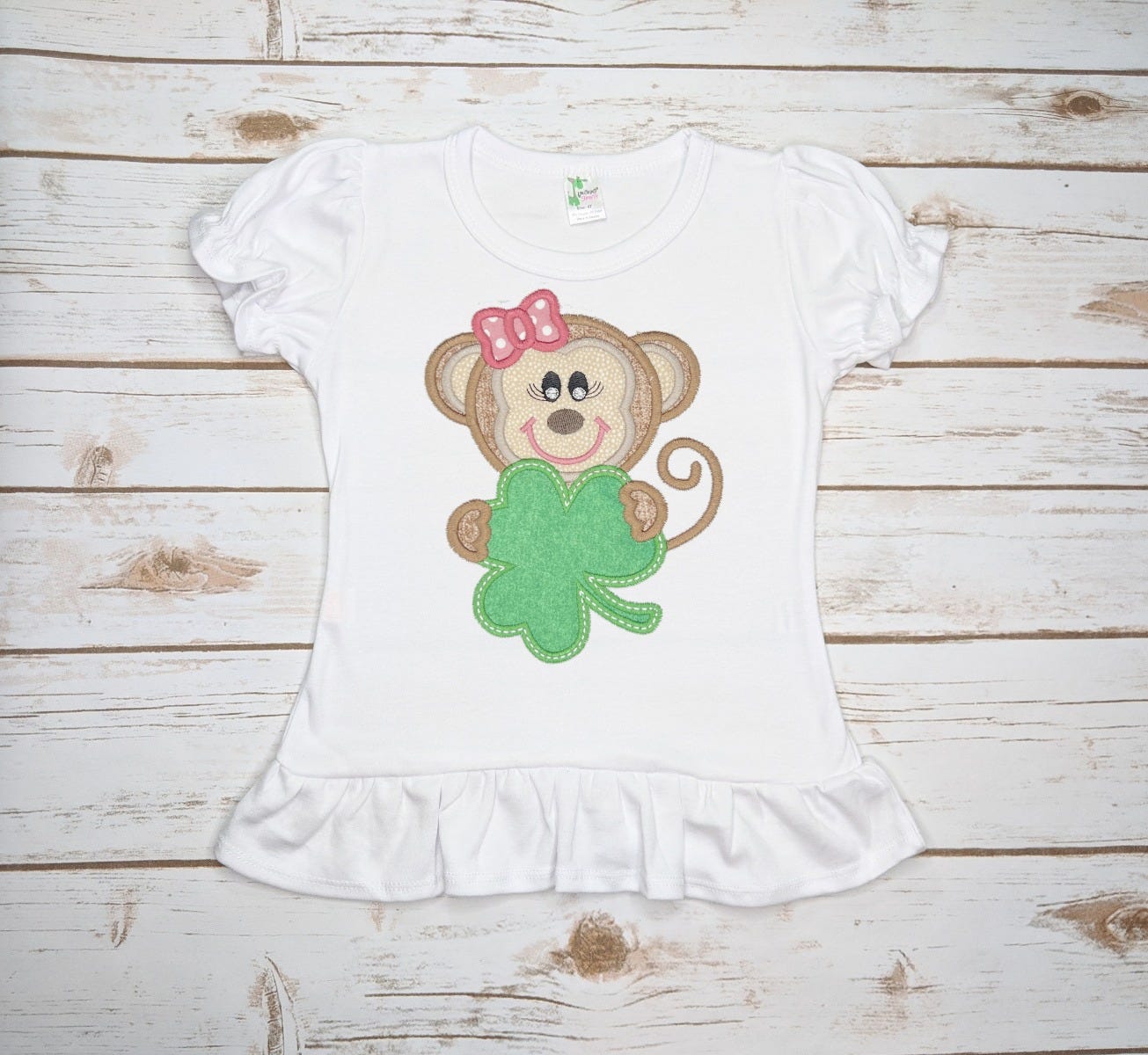 Shamrock Monkey Girl Applique | Machine Embroidery Designs by JuJu