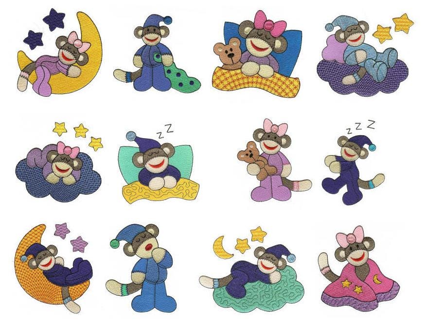 Sleepy Bedtime Slumber Sock Monkeys Filled Machine Embroidery Designs by JuJu