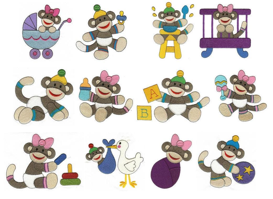 Sock Monkey Babies Filled Machine Embroidery Designs by JuJu

