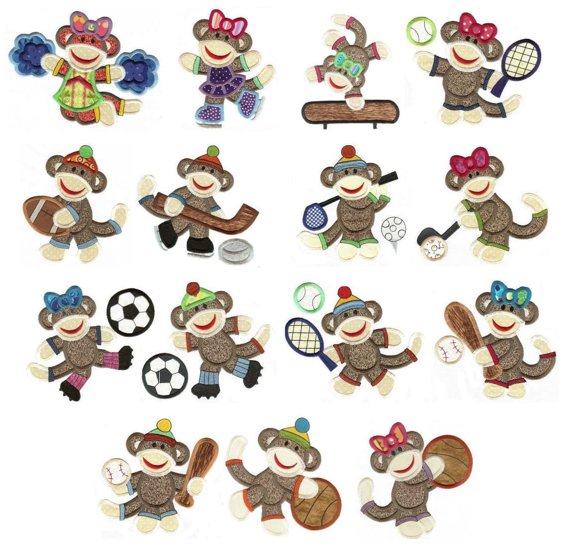 Sock Monkey Sports Applique Machine Embroidery Designs by JuJu 