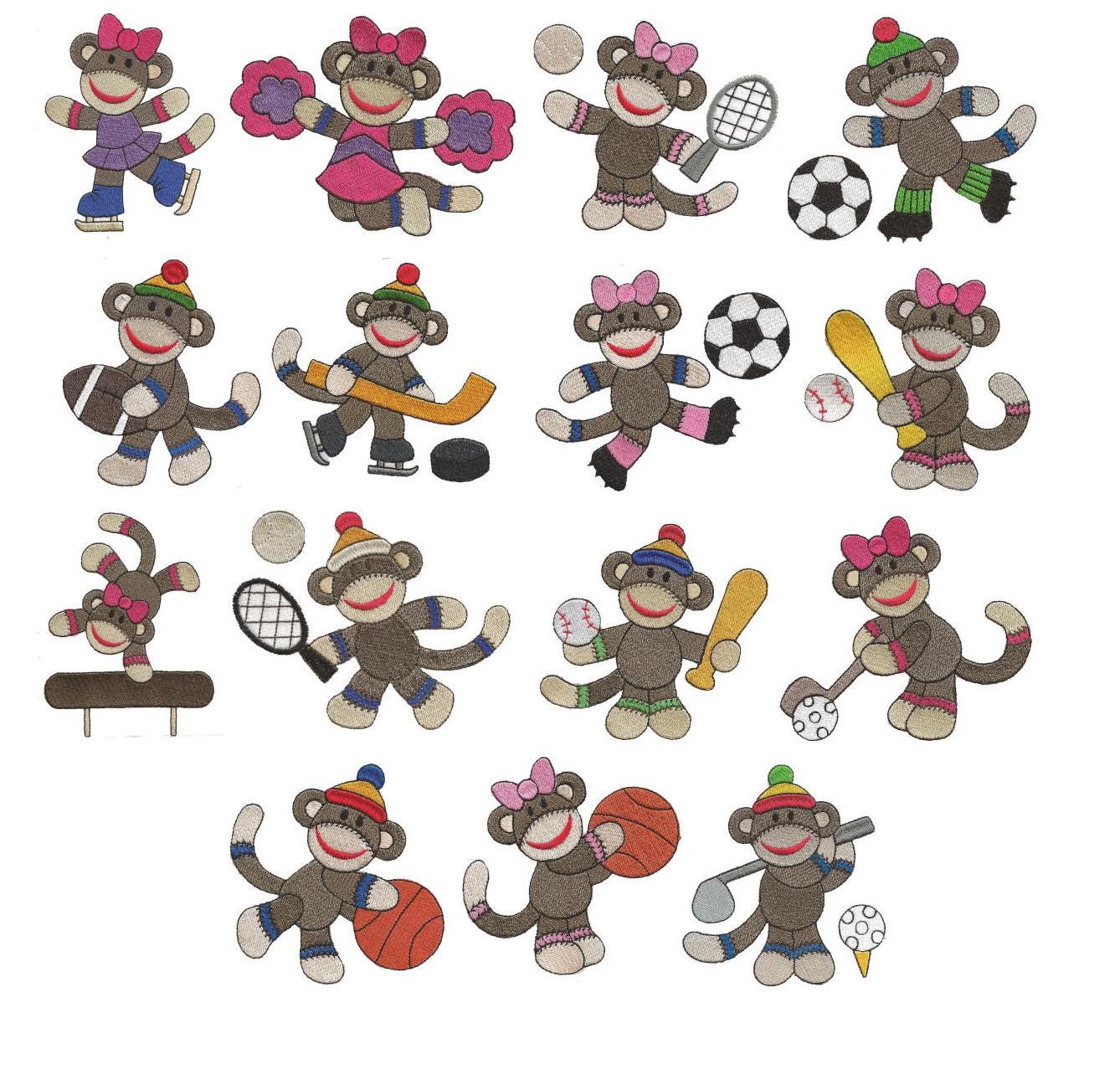 Sock Monkey Sports Filled Machine Embroidery Designs by JuJu