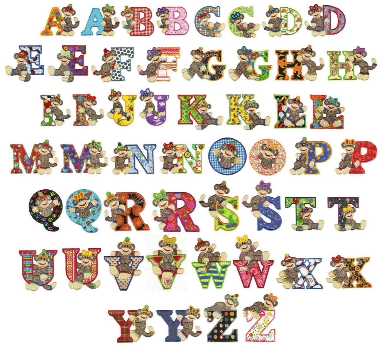 Jumbo Sock Monkeys Alphabet fonts Applique Machine Embroidery Designs by JuJu 