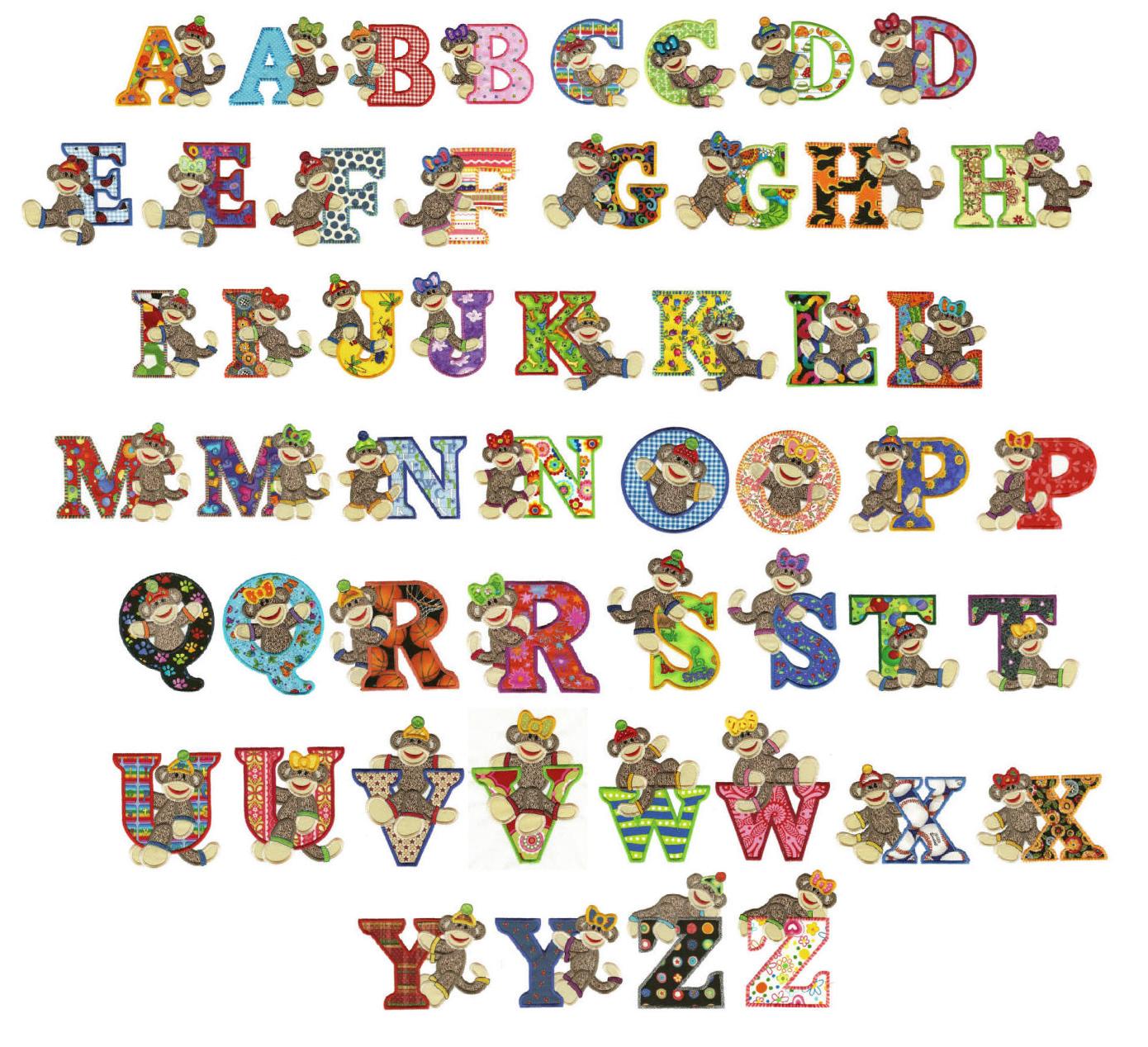 Sock Monkeys Alphabet Font 4x4 Applique Machine Embroidery Designs by JuJu 