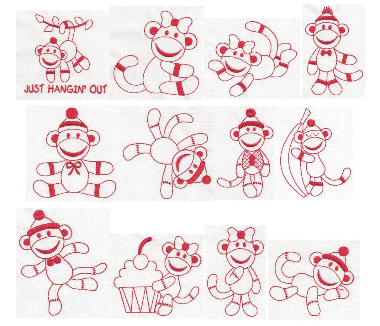 Sock Monkeys Redwork Set 1 Machine Embroidery Designs by JuJu