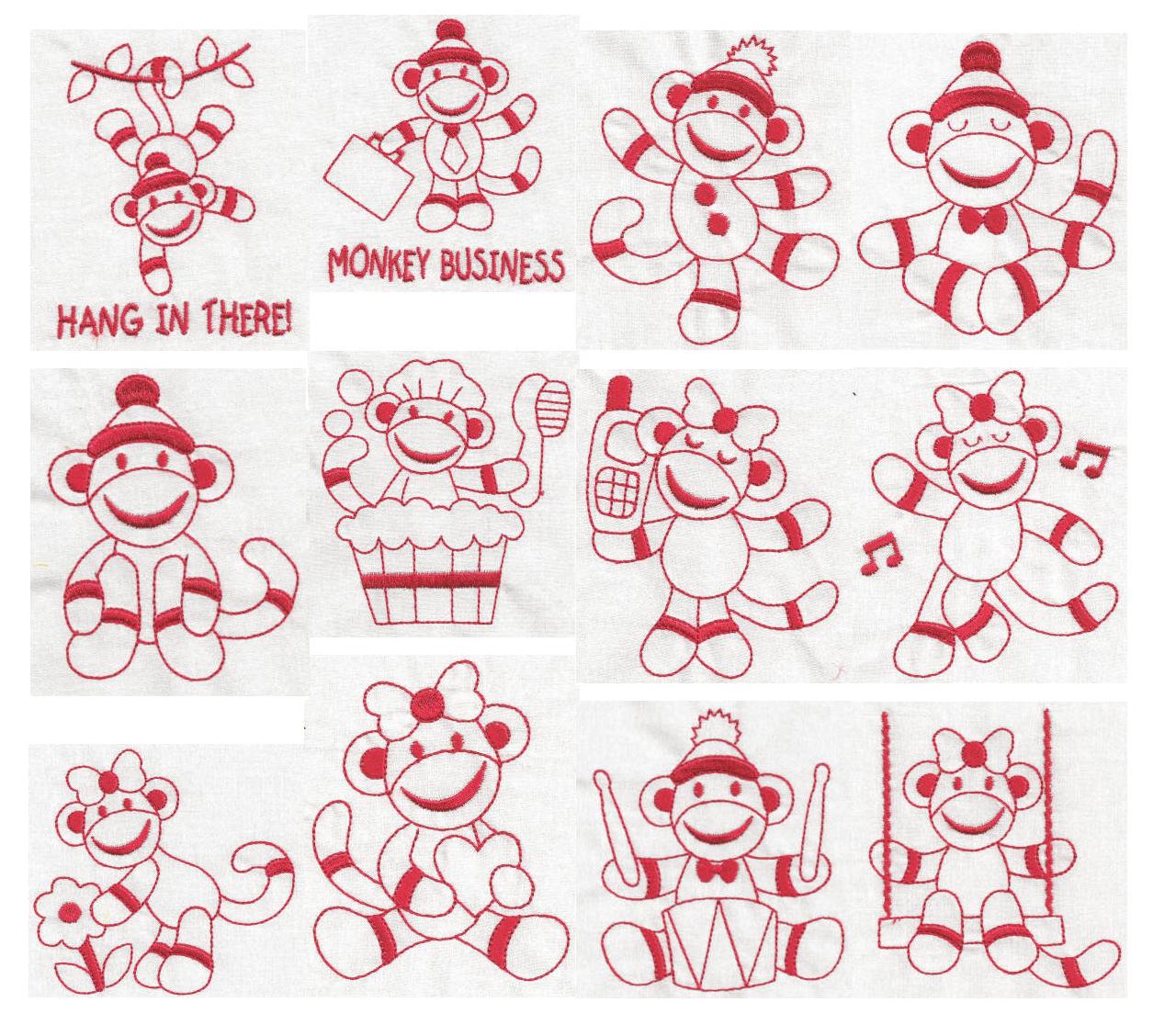 Sock Monkeys Too Redwork Machine Embroidery Designs by JuJu