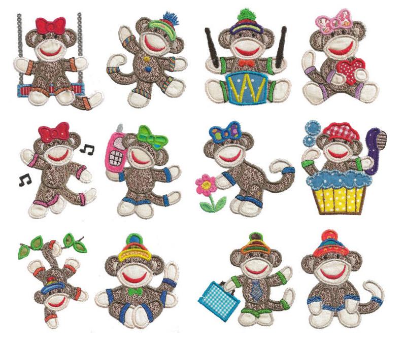 Sock Monkeys Too 4x4 hoop Applique Machine Embroidery Designs by JuJu 