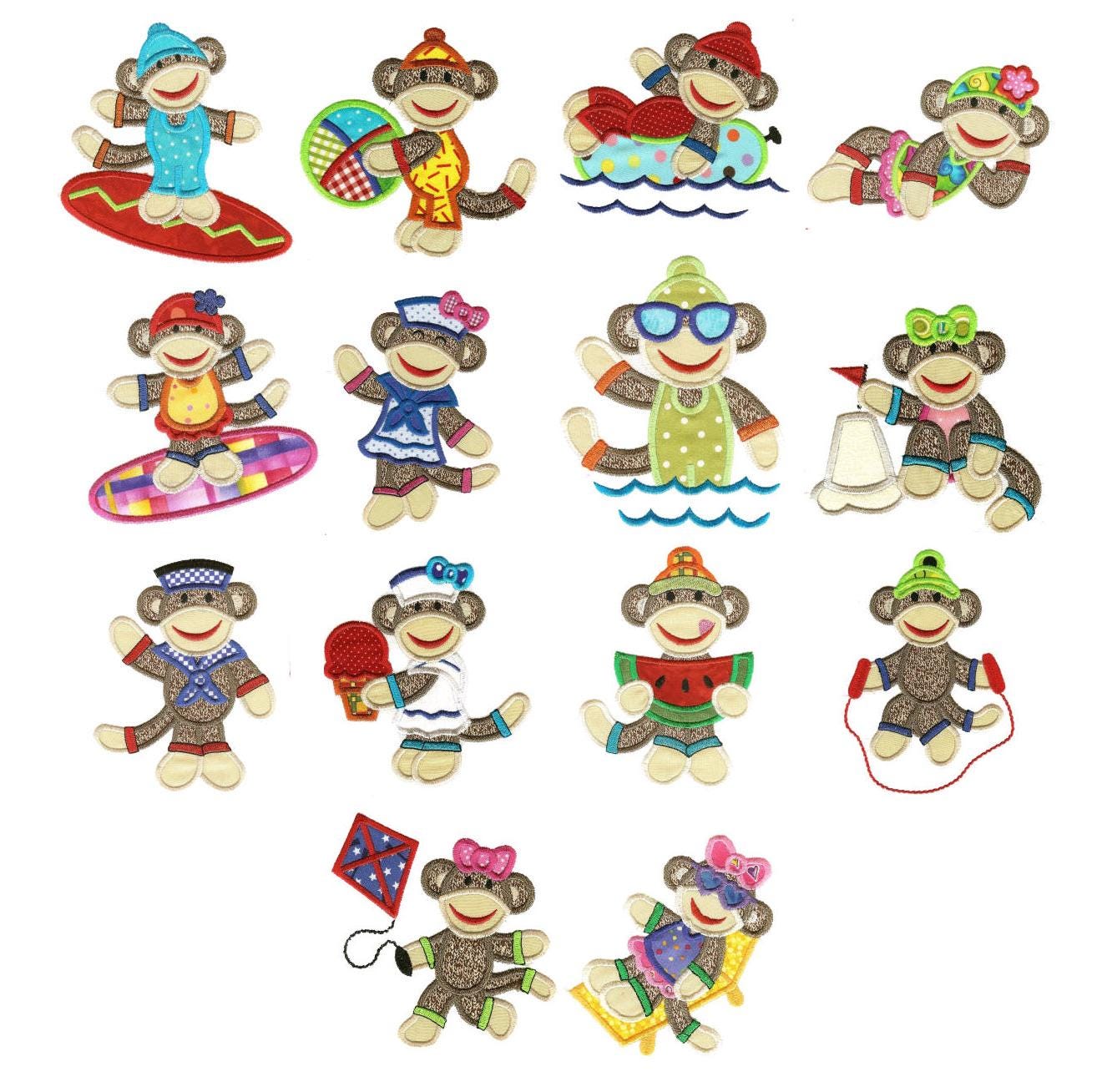 Jumbo Summer Sock Monkeys Applique Machine Embroidery Designs by JuJu 