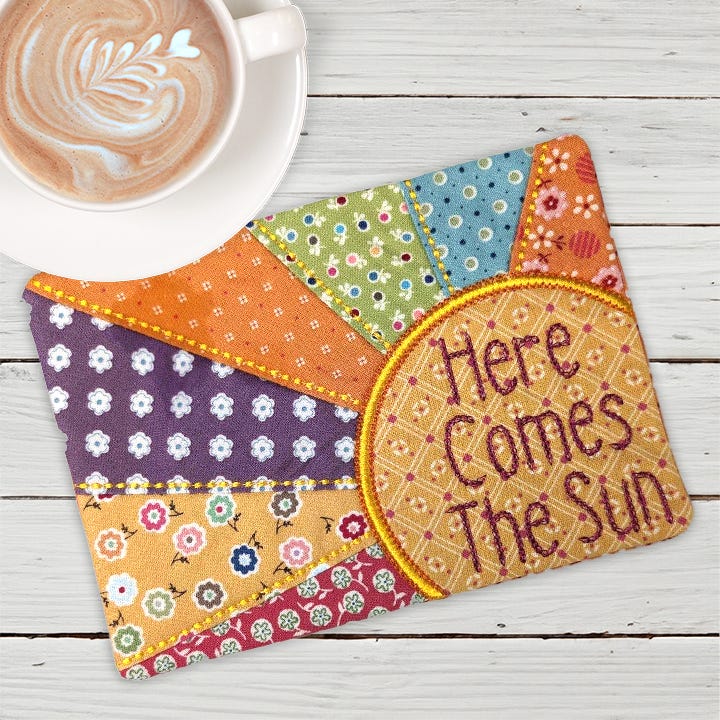 ITH Here Comes The Sun Mug Rug | Machine Embroidery Designs by JuJu