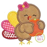 Turkey Hugging Pumpkin Girl Applique | Machine Embroidery Designs by JuJu