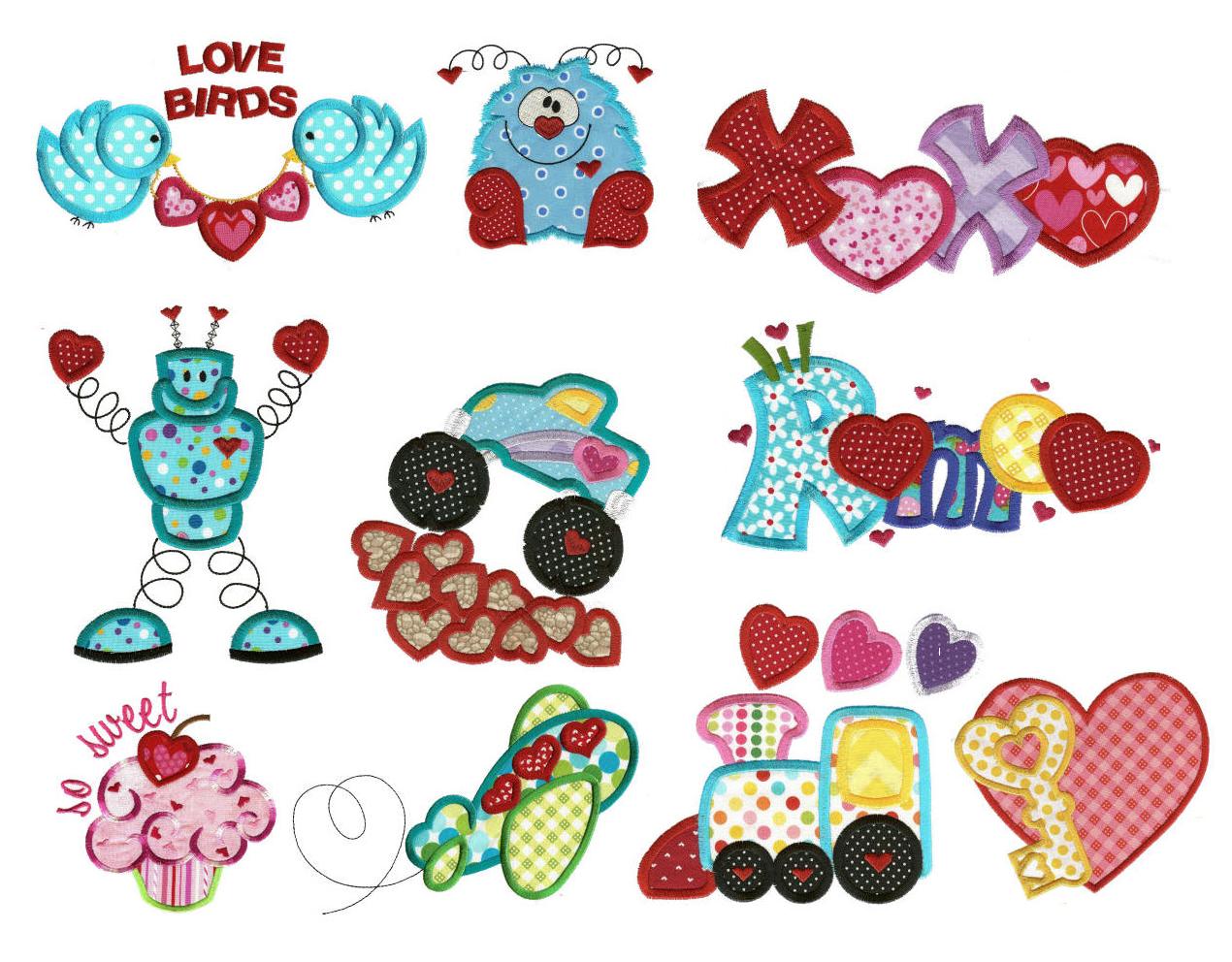 Hearts Aplenty Applique Machine Embroidery Designs by JuJu  with cute monster designs, truck, and cupcake embroidery