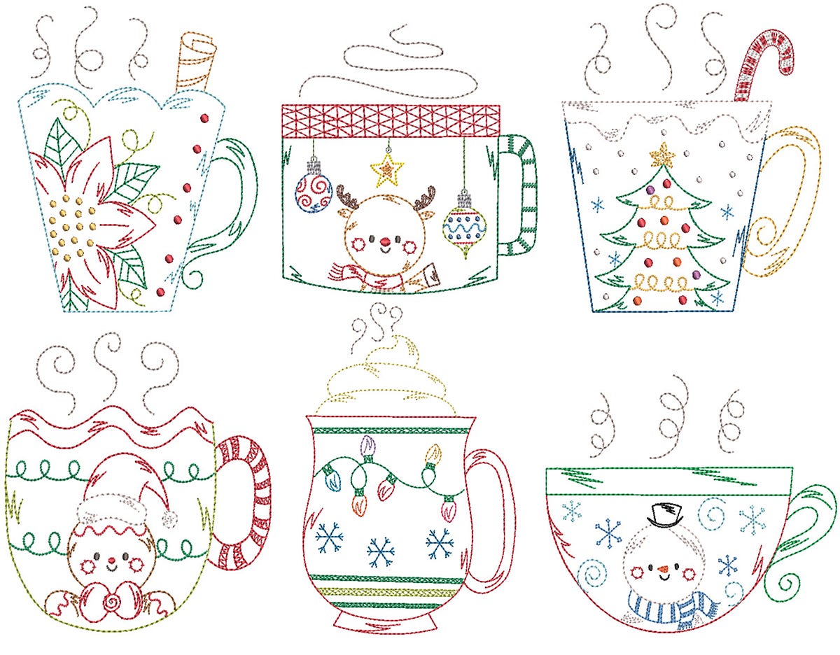 Vintage Stitch Christmas Mugs Machine Embroidery Designs by JuJu
