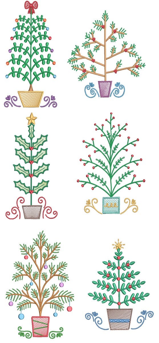 Vintage Sketch Christmas Trees Machine Embroidery Designs by JuJu