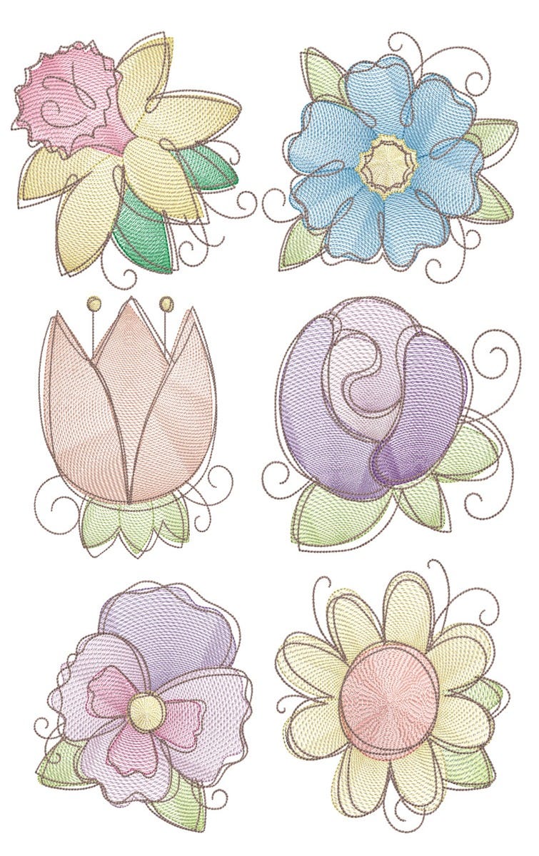 Vintage Sketch Flowers 1 Machine Embroidery Designs by JuJu
