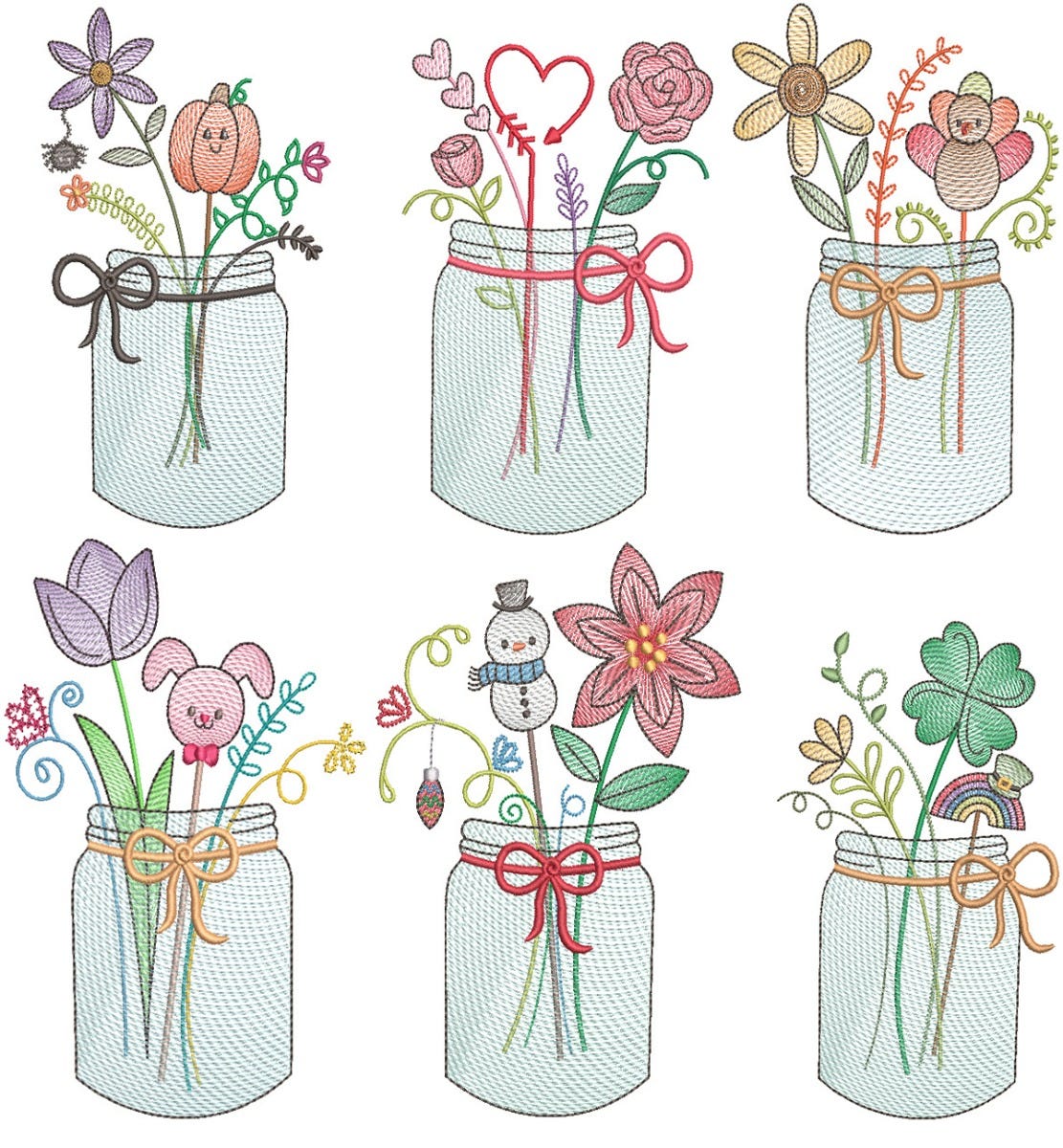 Vintage Sketch Holiday Mason Jars Machine Embroidery Designs by JuJu