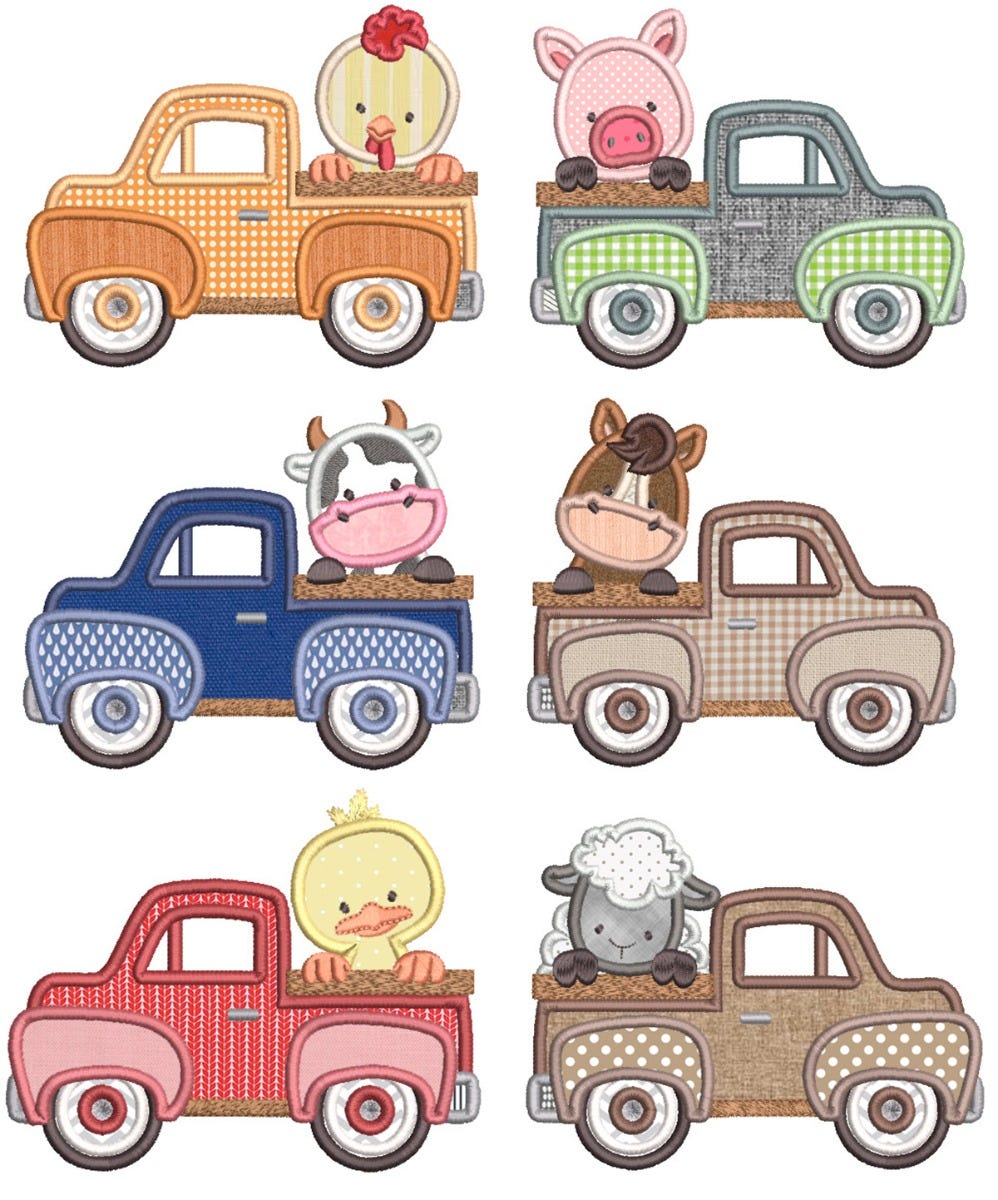 Vintage Truck Farm Animals Applique Machine Embroidery Designs by JuJu 