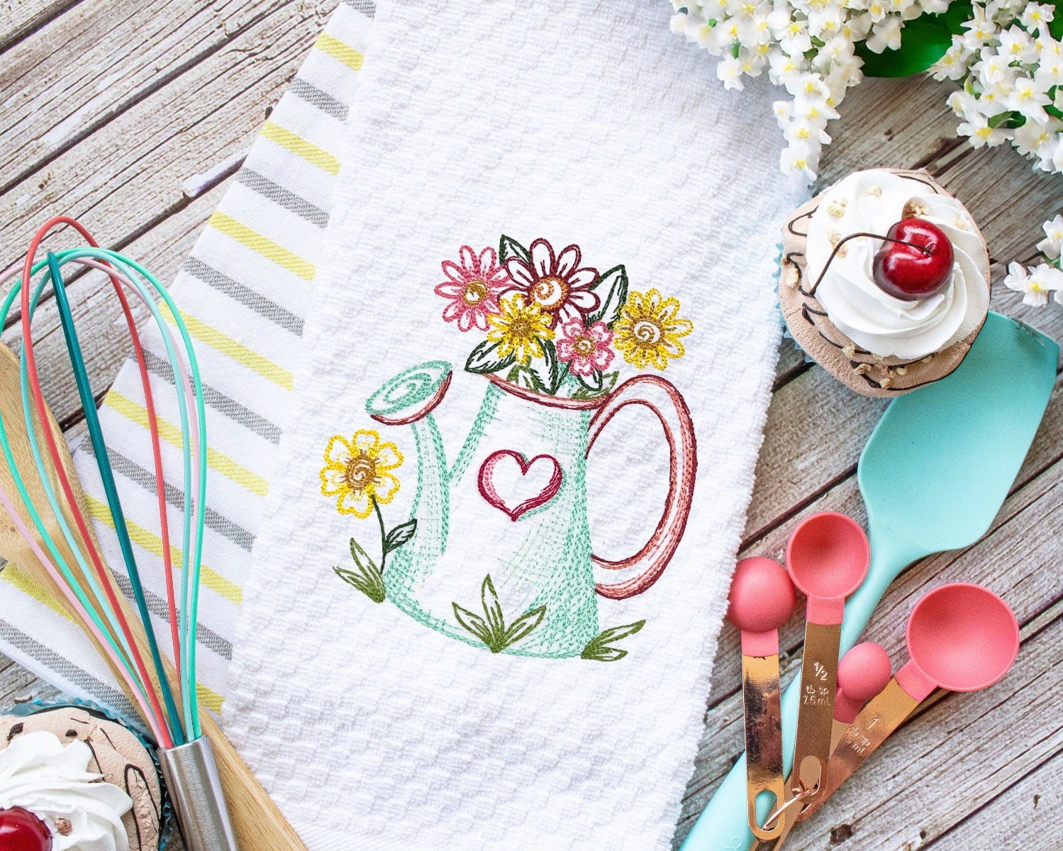 Spring Garden Sketch Watering Can | Machine Embroidery Designs by JuJu