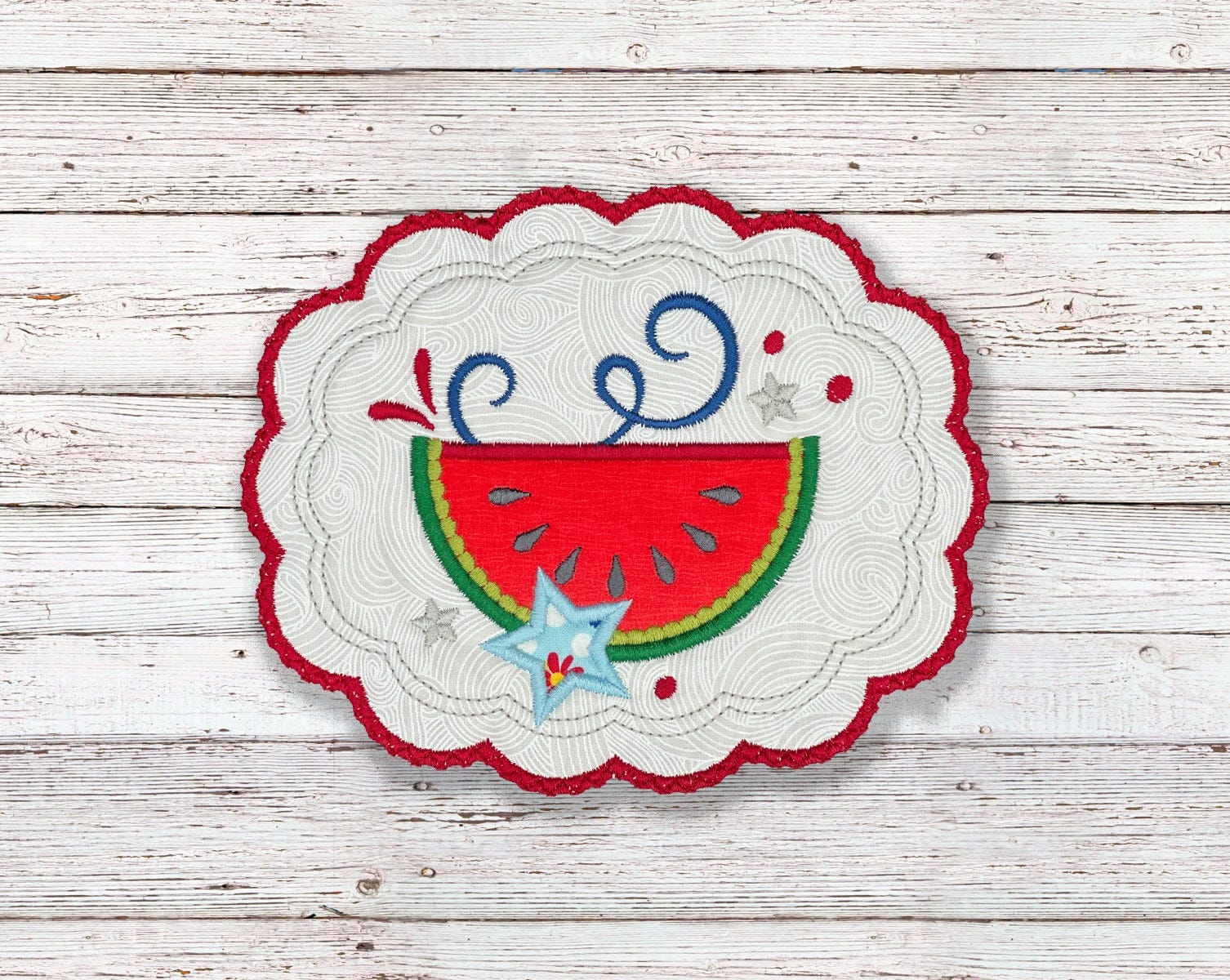 ITH Patriotic Watermelon Mug Rug | Machine Embroidery Designs by JuJu