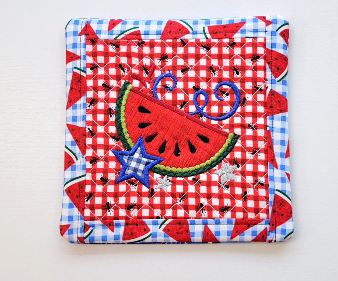 ITH Patriotic Watermelon Pot Holder | Machine Embroidery Designs by JuJu