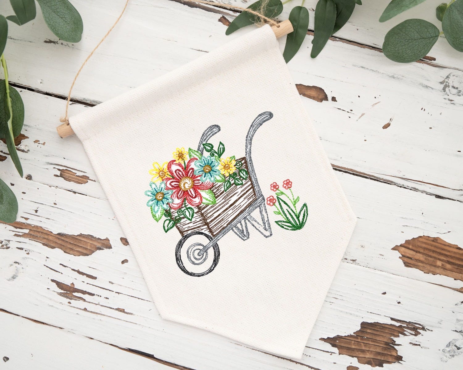 Spring Garden Sketch Wheelbarrow | Machine Embroidery Designs by JuJu