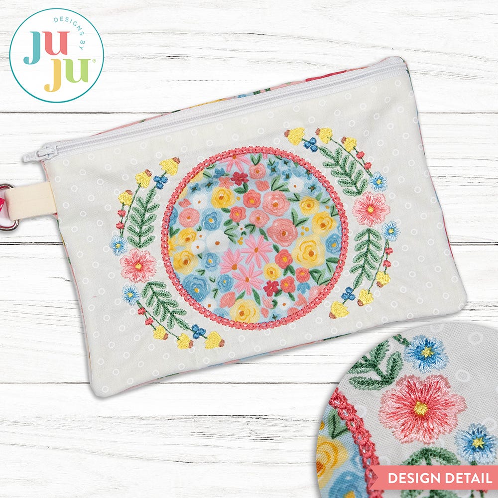 In The Hoop Floral Frame Zipper Bag Project