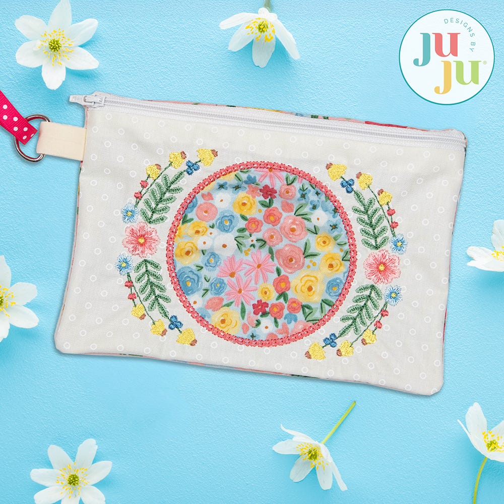 In The Hoop Floral Frame Zipper Bag Project