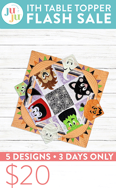 ITH TABLE TOPPER FLASH SALE. 3 Days Only. 5 Designs, $6 Each. September 23 - 25