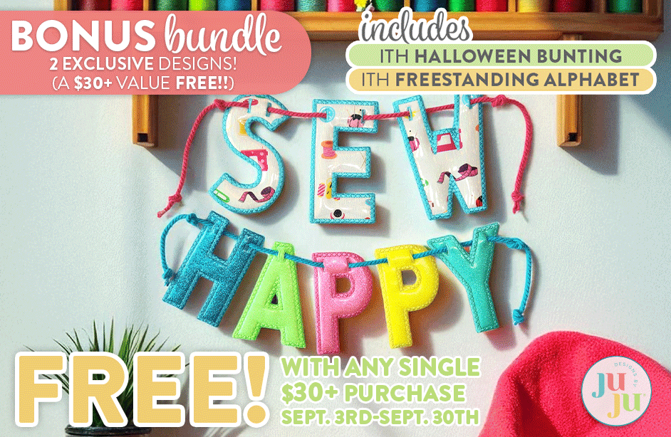 Bonus Bundle: 7 exclusive designs. 1 ITH Mini Quilt, 2 ITH Coasters, 2 ITH Utensil Holders, 2 Napkin Corners. FREE! With any single $30+ Purchase May 1st - June 2nd. 