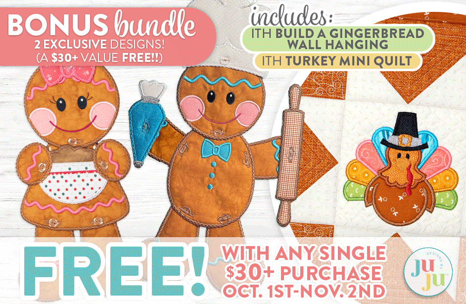 Bonus Bundle: 7 exclusive designs. 1 ITH Mini Quilt, 2 ITH Coasters, 2 ITH Utensil Holders, 2 Napkin Corners. FREE! With any single $30+ Purchase May 1st - June 2nd. 